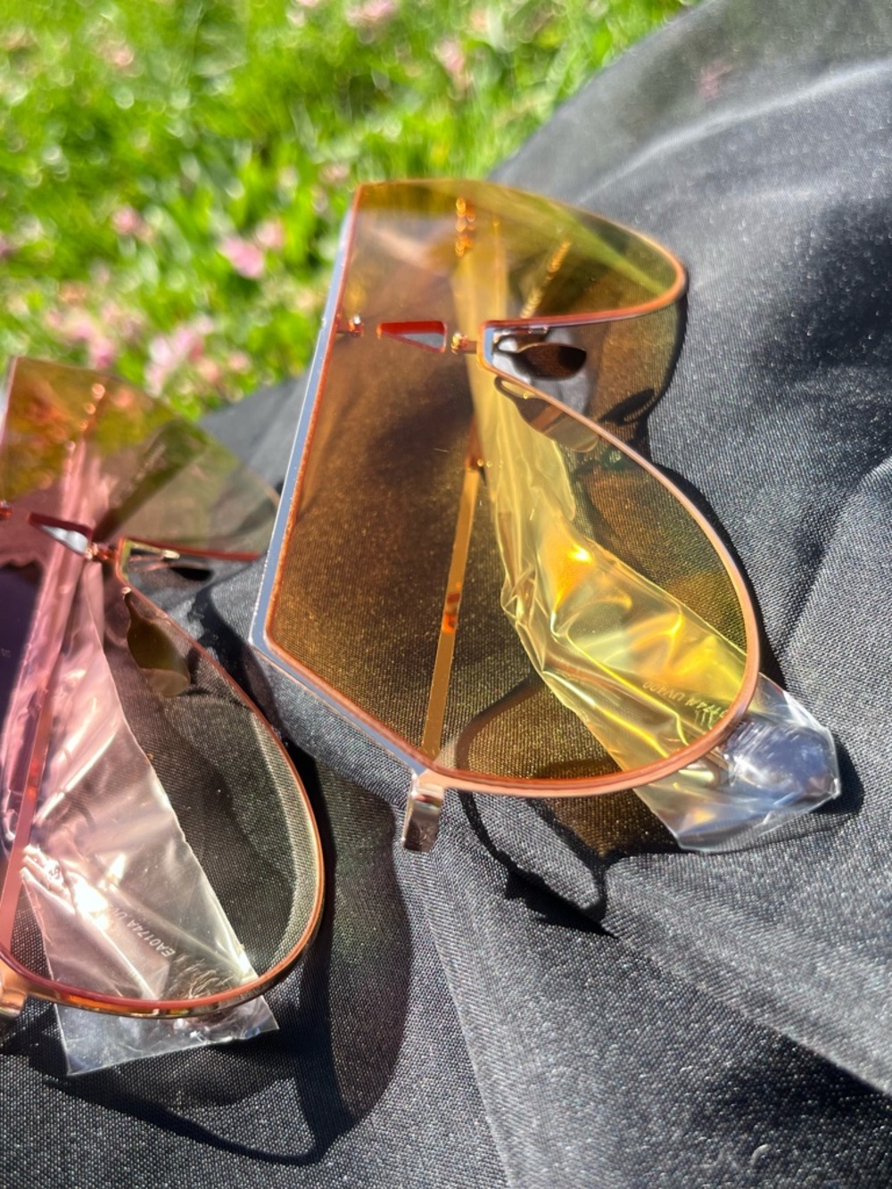 Rimless Geometric Sunglasses - Pink & yellow Lenses with gold trim. - Picture 4 of 5
